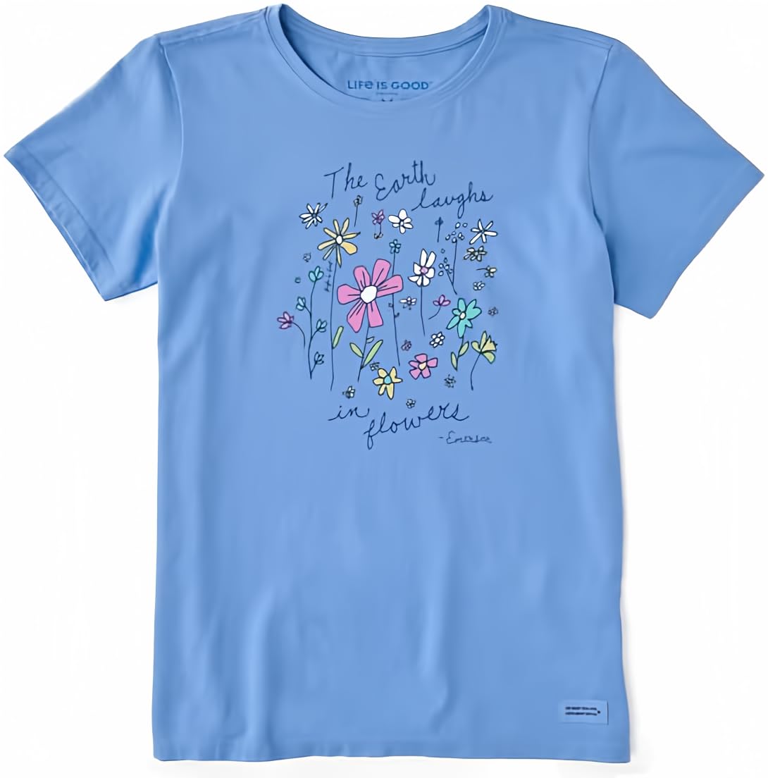 Women's Earth Laughs in Wildflowers Short Sleeve Crusher Tee, Cornflower Blue, S