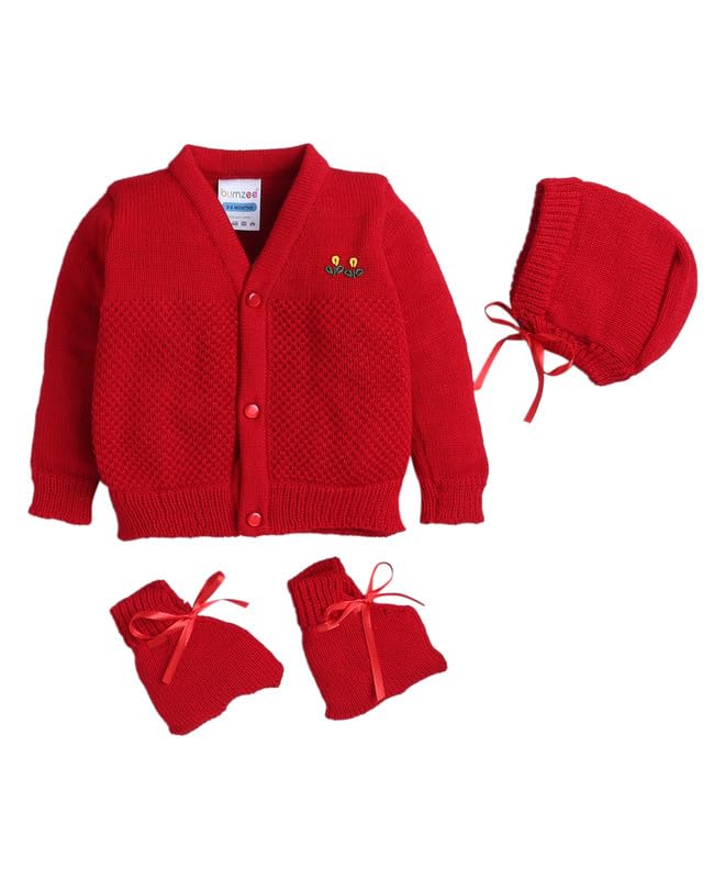 BUMZEE Red Baby Boys Full Sleeves Woolen Sweater with Cap & Socks (Peb10056)