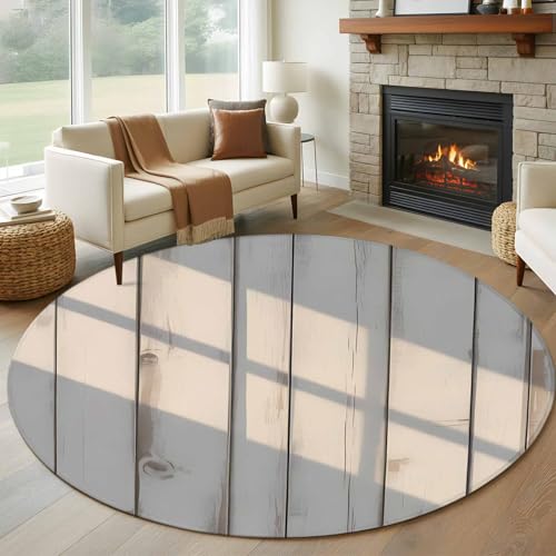 Round Rugs 5ft, White Wood Plank Non-Slip Area Rugs for