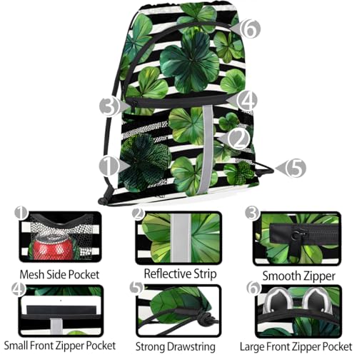 Green Clover Leaf Drawstring Backpack Waterproof String Bag Sackpack Black White stripe Cinch Sack for Traveling Gym Sports with Mesh Pockets4