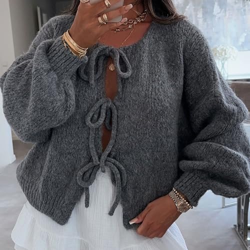 KMBANGI Women Bow Tie Front Cardigans Oversized Open Front Cute Sweater Coats Y2k Lantern Sleeve Casual Loose Outwear3