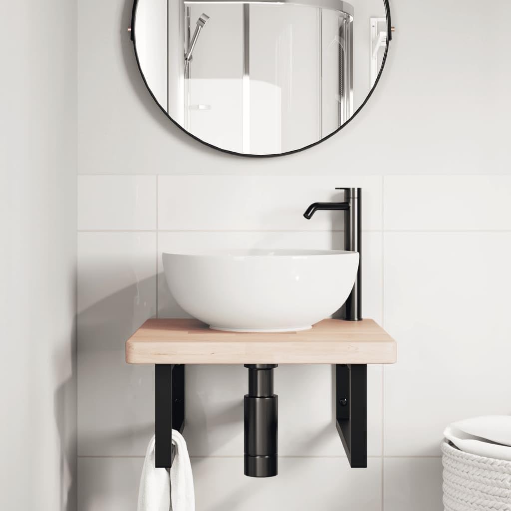 Tapa de lavabo con 2 soportes de acero y placa de madera de roble, incluye 2 tornillos de expansión M8 por soporte y tornillos M5 x 18 para el montaje