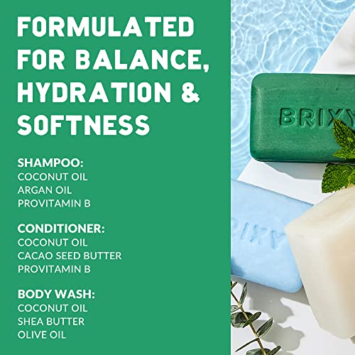 Brixy Shampoo And Conditioner Bar With Body Wash Set For Balance, Hydration & Soft Hair & Skin, All Hair & Skin Types, Ph Balance & Safe For Color Treated Hair, Sustainable, Vegan, Plastic Free #TOP2