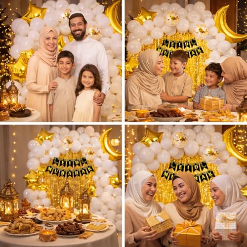 Image of Rozi Decoration Star & Moon Balloon Eid Mubarak Celebration Combo kit foil Curtain Banner with Glue Dot & Arch to Decor Home Office School 92 pcs (White)