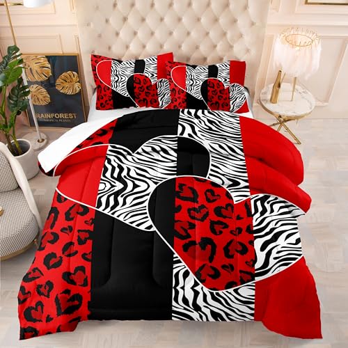 Image of AILONEN Couple Lover Comforter Set Queen Size,Black White Red Romantic Hearts Printed Bedding Set 3 Piece,Modern Bedroom Decor Soft Comforter with 2 Pillowcases