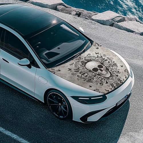 Image of Car Hood Cover Protector Waterproof Sun-Proof Auto Hood Flag Skull Stretch Polyester Fabric Cover Removable Automotive Accessories Ft Fits Most Cars
