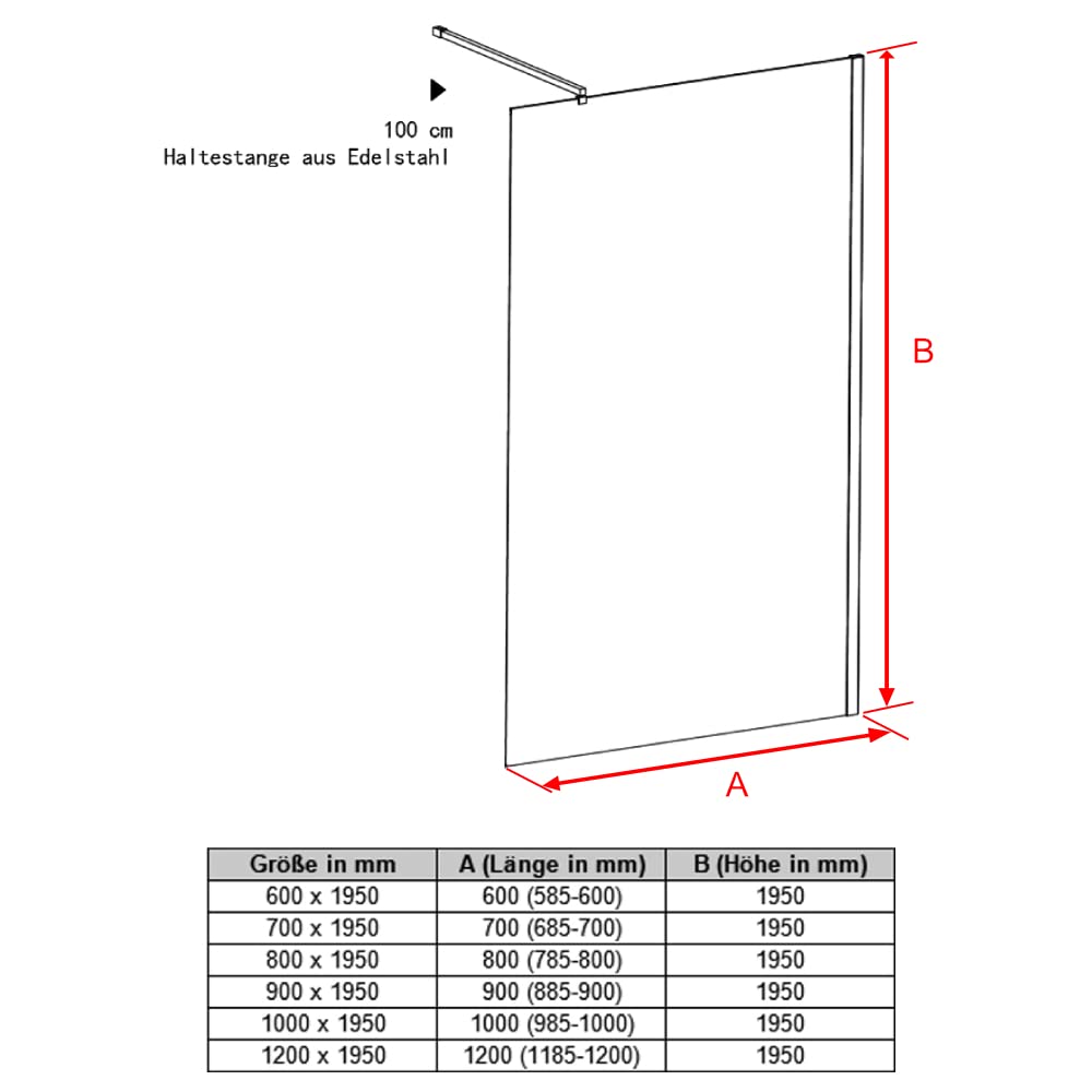 WITEN&NOCK Walk in doccia 40/50/60/70/76/80/90/100 x 195 cm, divisorio doccia in vetro ESG Nano, 86 cm