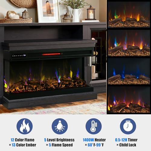 75 Inch Electric Fireplace TV Stand, 3- Side Glass LED Modern Media Entertainment Center Console Table for TVs up to 80/85 Inch w/Adjustable Flame, 40’’ Fireplace, Highboy, Black - Thumbnail 3