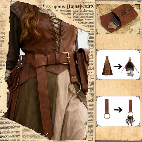 Image of Renaissance Pirate Belt Pouch with Coin Purse Skirt Hike Bracers | 6pack Medieval Viking Pirate Belt Pouch for Halloween Cosplay Ren Faire Accessories,Brown.