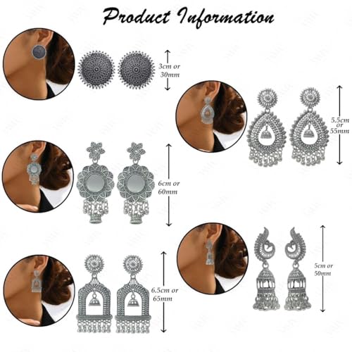 FASHIONS Boho Afghani Vintage Tribal Style Traditional Indian Oxidized Silver Combo Stud Piercing Earring For Women (Oxidised Earrings Combo Set)3