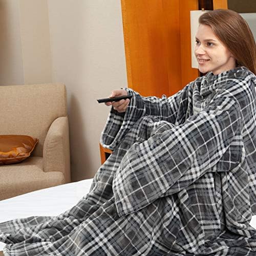 Fleece Wearable Blanket with Sleeves and Foot Pocket for Adult Women Men, plush Throw with Adjustable Hook & Loop for Lounge Couch Reading Watching TV 170 x 200cm Grey Plaid