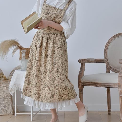 Bubmari Tablier De Cuisine Femme Style Japonais Coton Vintage, Robe Anti-salissure Dos En H Avec 2 Grandes Poches Fentes Latérales, Cadeau Maman Pour Jardinage Pâtisserie Fleuriste(Beige) – vue 2