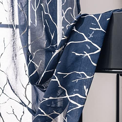 Kotile Voile Net Curtains 54 Inch Drop - Sheer Curtains Printed Silver Foil Tree Branches Pattern Navy Voile Eyelet Top Curtain Panels for Bedroom, 66 x 54-Inch Drop, 2 Panels