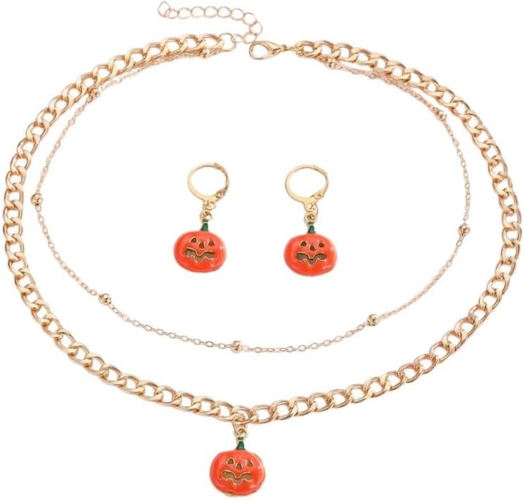 Kokoma Halloween Pumpkin Jewelry Set for Women Double-Layered Adjustable Necklace Pumpkin Dangle Earrings Halloween Festive Fashion Jewelry