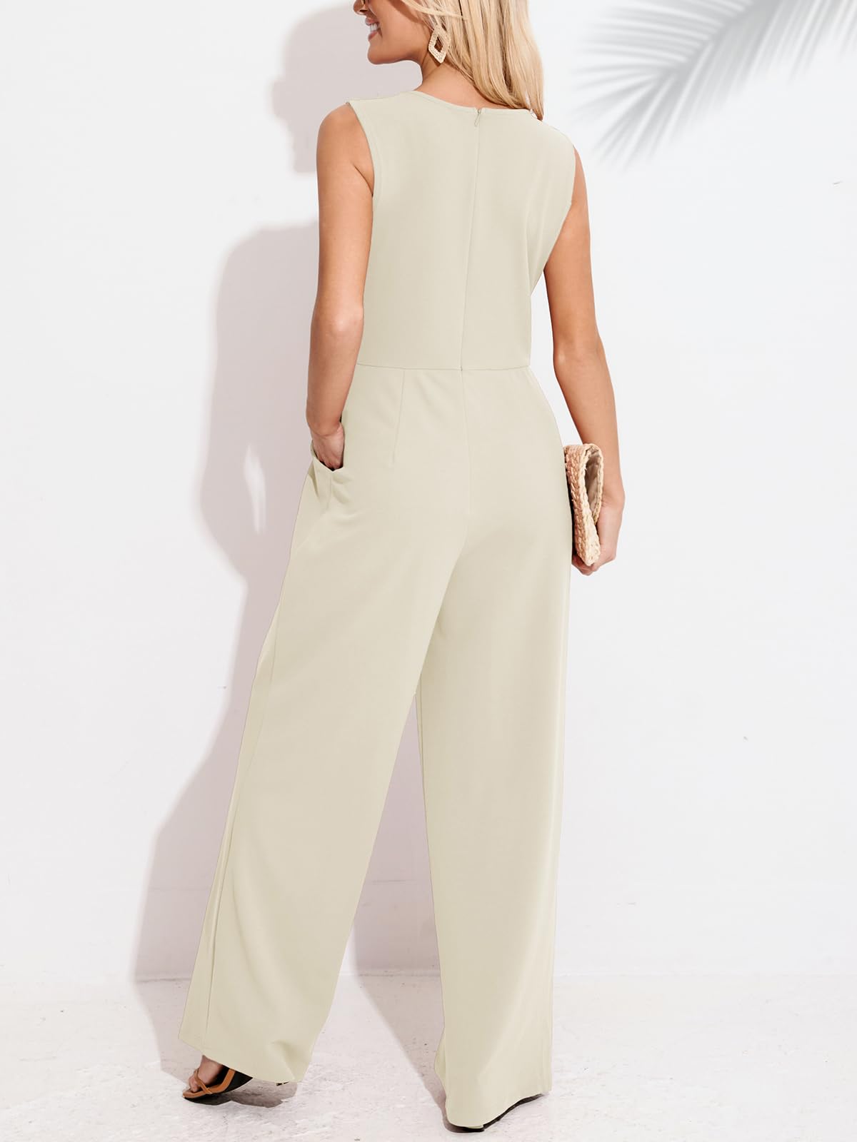 CUPSHE Damen Jumpsuit Rundhals Ärmellos Overall Plissee Weite Beine Playsuit mit Taschen Elegant Hosenanzug