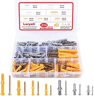 210pcs Rawlplug and Screw Set, Leryati 7 Sizes Wall Fixings Screws Rawl Plugs and Screws, Plastic Drywall Wall Anchors and Screws Kit, Screws and Wall Plugs Set for Wall Hanging and MountingTV Mount