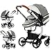 Luxury PU Leather 2 in 1 Baby Stroller with Bassinet | Reversible High Landscape Pram | Four-Wheel Independent Suspension | Foldable, Portable, & Safe Pushchair for Newborns & Toddlers(Grey)