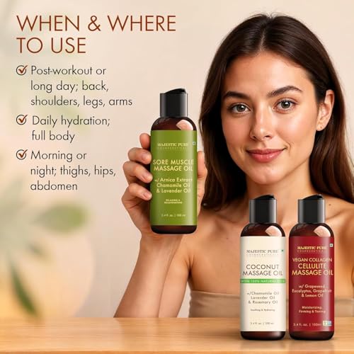 Image of MAJESTIC PURE Massage Oil for Massage Therapy - Refreshing, and Relaxing - Natural Oils - for All Skin Types - Men and Women Massage Lotion (3.4 Fl Oz (Pack of 3), Massage Oil Set)