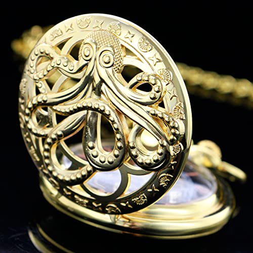Reloj de bolsillo mecánico steampunk con esfera de pulpo esculpida y números romanos 5