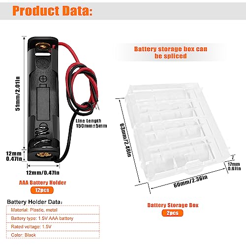 12 Stücke AAA Batteriehalter, KUOQIY 1.5V AAA Kunststoff Batteriehalter mit Drahtkabel, mit 2 Stücke Batteriebox aus Kunststoff