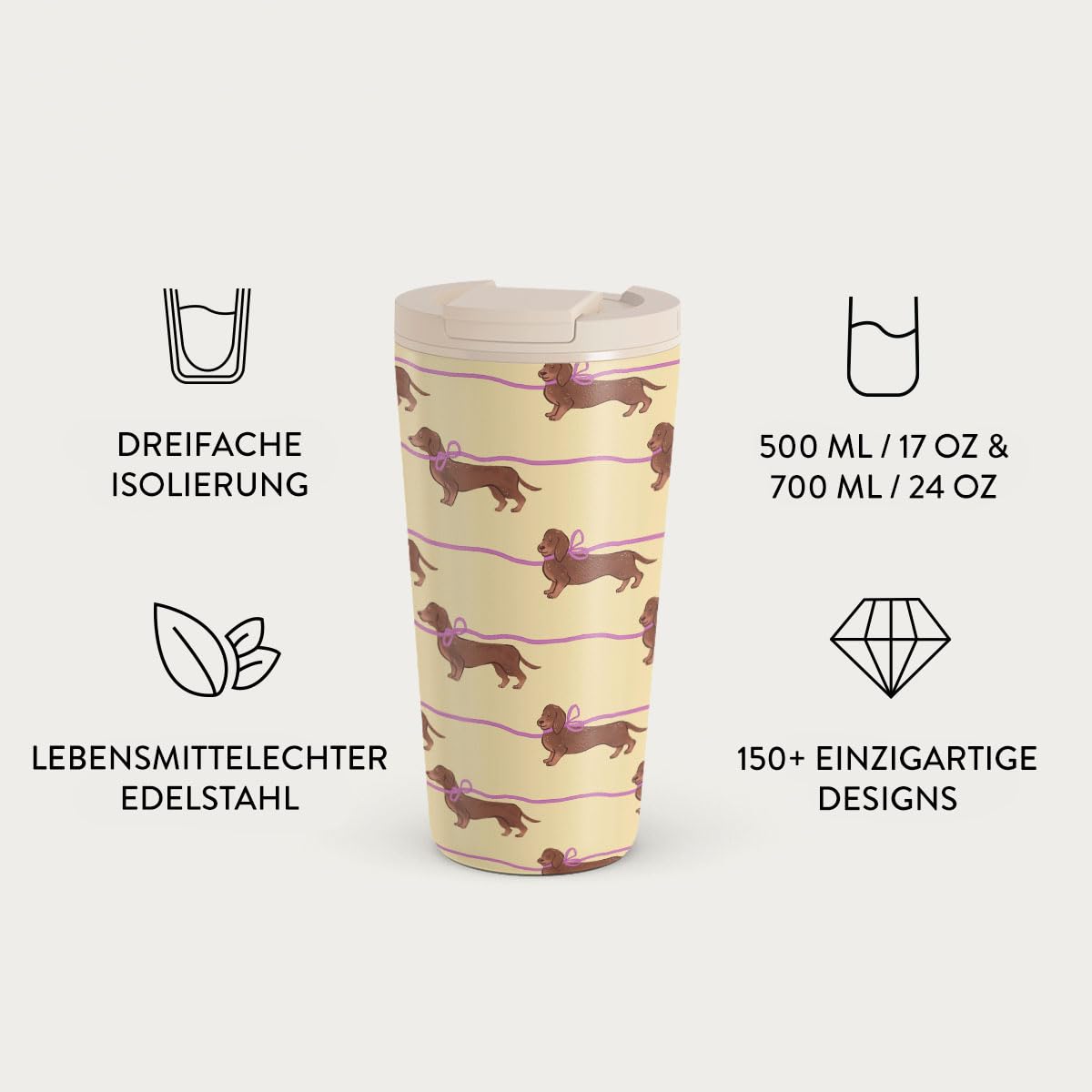 BURGA 500 ml Reisebecher mit Deckel – Isolierter Kaffeebecher aus Edelstahl, hält Getränke 6 Std. heiß und 24 Std. kalt, auslaufsicherer Klappdeckel, passt in Becherhalter