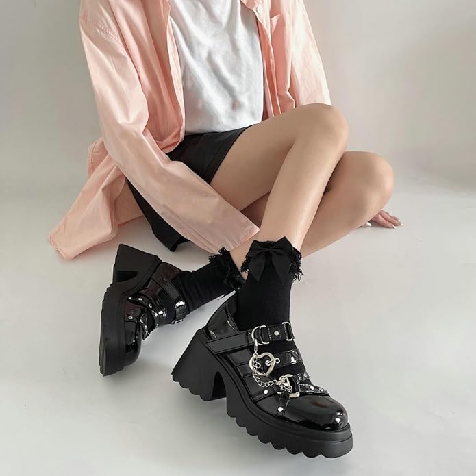 Womens Goth Platform Mary Janes Heels Buckle Chain Punk Ankle Cute Punk Emo Lolita Shoes with Rivets Heart Chains4