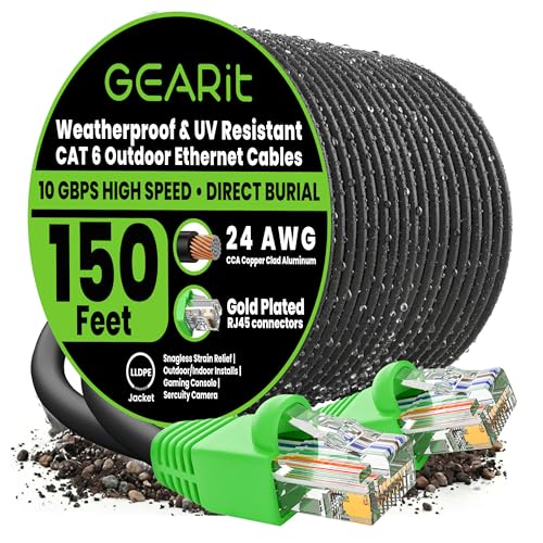 GEARit Cat6 Ethernet Cable 150ft, Outdoor Direct Burial Cat 6 Cable 24AWG High Speed Up to 10Gbps, LLDPE (PE) UV-Resistant Waterproof Jacket, CCA RJ45 Network Internet Cable for Router- Black,150FT