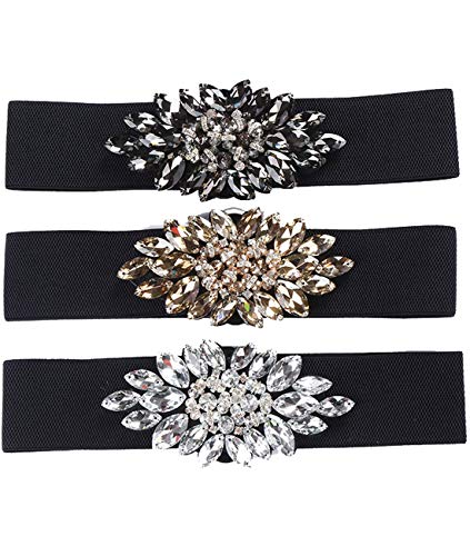 Women's Wide Elastic Crystal Belts Rhinestone Diamond Floral Stretch Cummerbunds for Dress