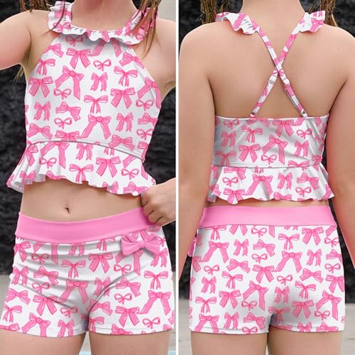 Image of CHILDRENSTAR Little Girls Tankini Swimsuit 2 Pieces Bathing Suit for Kids | Quick-Dry Cross-Back Adjustable Ruffles with Bow Decor Swimming Tankini and Short For Beach and Pool