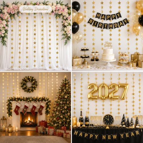 Image of Happy Birthday Decorations - Gold Star Garland Banner Party Decor | Star Streamers Hanging Banner Twinkle Backdrop for Engagement Christmas Decorations New Years Decorations 2027