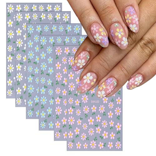 6 Sheets Flower Nail Art Stickers Daisy Nail Art Decals 3D Self-Adhesive Spring Nails Sticker Holographic Pink Blue White Blossom Nails Decal Decoration for Women Floral Manicure Supplies