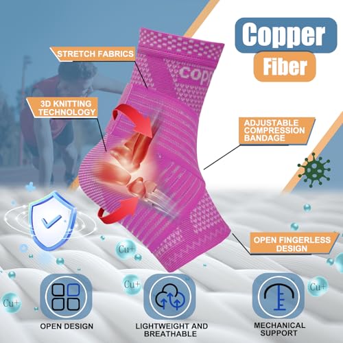 Image of LISEPWU Copper Ankle Brace with Adjustable Compression Bandage, Ankle Support Compression Sleeve for Men & Women, for Foot Pain, Sprained Recovery, Achilles Tendonitis, Sports Protection(Magenta XL)
