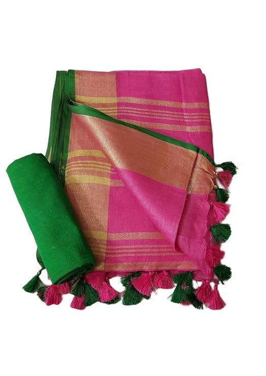 Image of STB-SILK TEXTILES BHAGALPUR Women's Linen Slub Saree With Contrast Blouse Piece