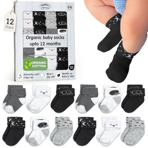 Image of Mother's Choice Baby Socks 0-6 Months 12 Pairs Organic Cotton Blend Newborn Socks for Girls & Boys Stay-On Stretch Infant Socks OEKO-TEX Certified Baby Gift