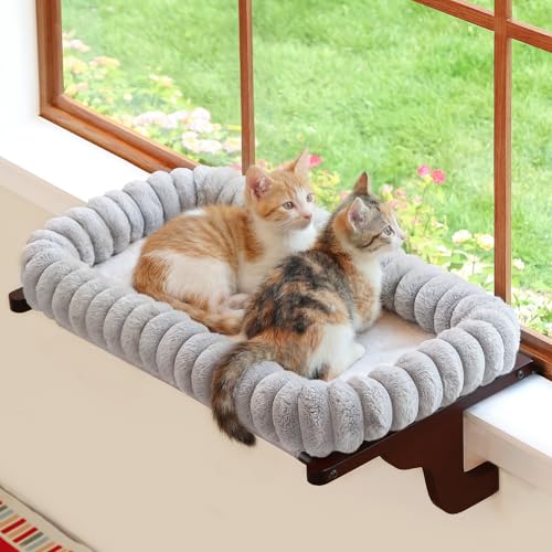 Image of Zakkart SnugCloud Cat Window Perch with 4-Sided Bolster - Large Cat Hammock for Window Sill - Solid Hardwood & Metal Frame - Window Seat for Pets (Dark Stained Wood w /Gray Bed, Large)