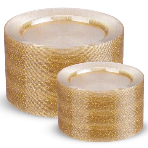 Image of 200 Pcs Gold Glitter Plastic Plates - Disposable Party Plates, Gold Glitter Disposable Plate Include 100 Dinner Plate and 100 Dessert Plate, Plastic Plate for Party, Holiday, Wedding & Birthday