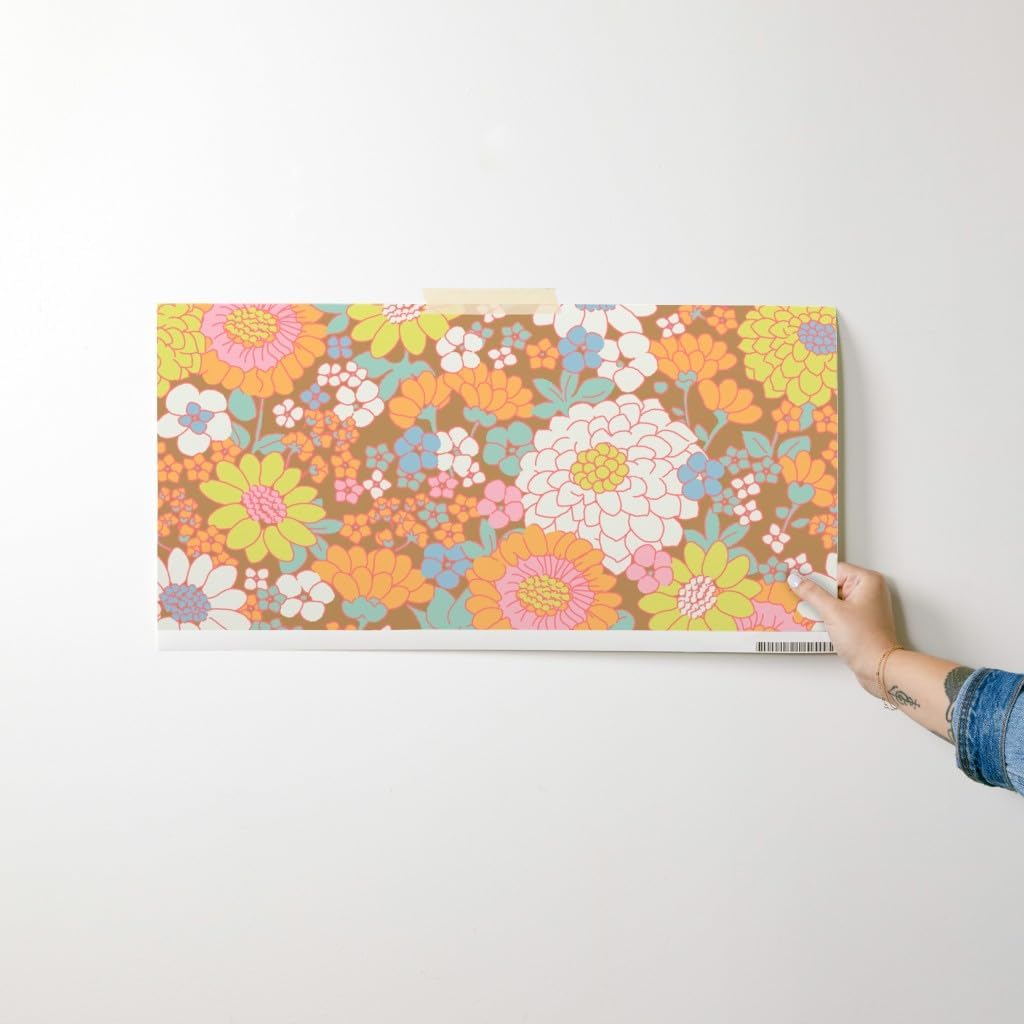 Spoonflower Peel & Stick Wallpaper Swatch - Vintage Kitchen Home Decor 70S Flower Power Retro Flowers Custom Removable Wallpaper