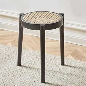 WQNBスツールラタン丸木製北欧スタッキング円型ダイニング天然木無垢材ラタン編み重ね収納丸椅子ナチュラルウッドコンパクト来客用玄関リビングチェア簡単組立家具おしゃれ省スペース (レトロ黒)