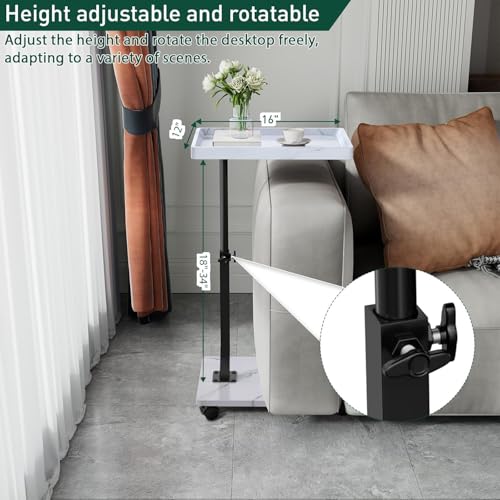 Image of XNSDXV C Shaped Side Table Adjustable Height, 360Swivel Bedside Table With Wheels, End Table for Small Spaces, Sofa Side Table For Living room, Bedroom, Bed,Couch (White Marble Color)