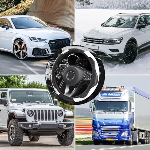 Image of Osilly Car Steering Wheel Cover, 15 inch Carbon Fiber Microfiber PU Leather Elastic Steering Wheel Protector for Men Women, Anti-Slip Breathable Car Interior Accessories for Most Cars (Black /White)