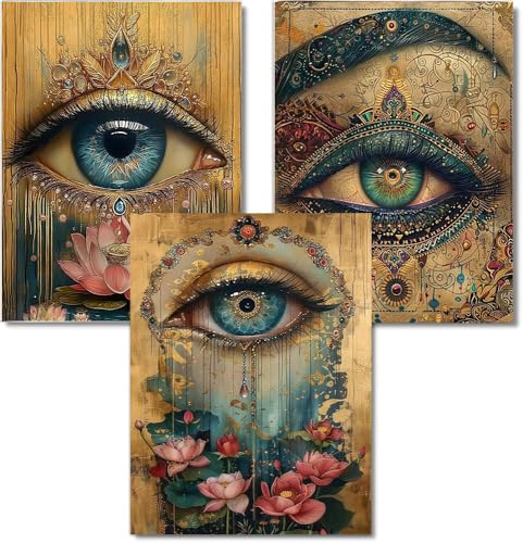 Diamond Art Kits for Adults Beginner, 3 Pack Eye and Lotus DIY Modern Diamond Painting Kits 5D Diamond Dots Gem Art Crafts with Tools,Round Full Drill Funny Crafts for Home Wall Decor&Gift-12X16 inch