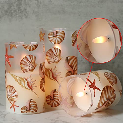 Image of Seashell Battery Operated Flameless Flickering Candles with Remote Timer 3D Wick Flickering Glass LED Pillar Candles Dinner Christmas Holiday Decor D3 x H4, 5 inch, 6 inch