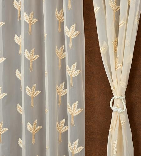 Image of littlelotus Leaf Pattern Embroidery Tissue Net Sheer Transparent Curtains for Door 7 feet Long Set of 2, Cream