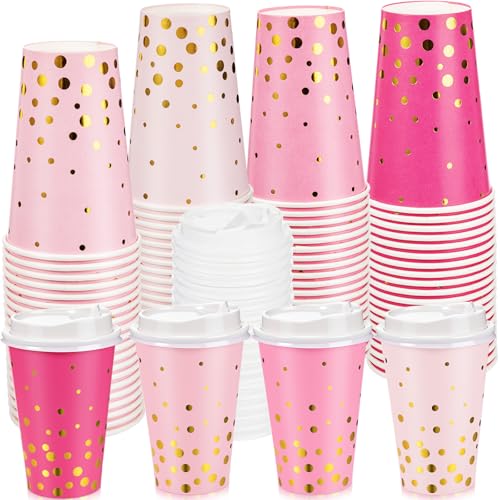 Jingmore 40 Pcs 12oz Pink Coffee Cups with Lids Disposable Gold Dot Gradient Pink Paper Cups for Wedding Baby Shower Cafes Shops Tea Party