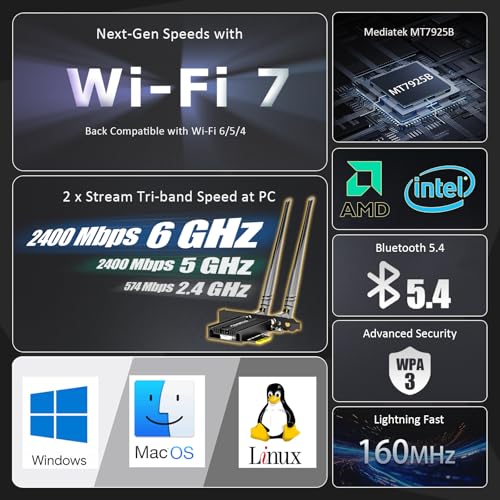 Image of GLOTRENDS BE6500 WiFi 7 PCIe WiFi Card for Desktop AMD /Intel Desktop PC with MT7925B Controller, Bluetooth 5.4, Compatible with Windows 11 /Linux /macOS