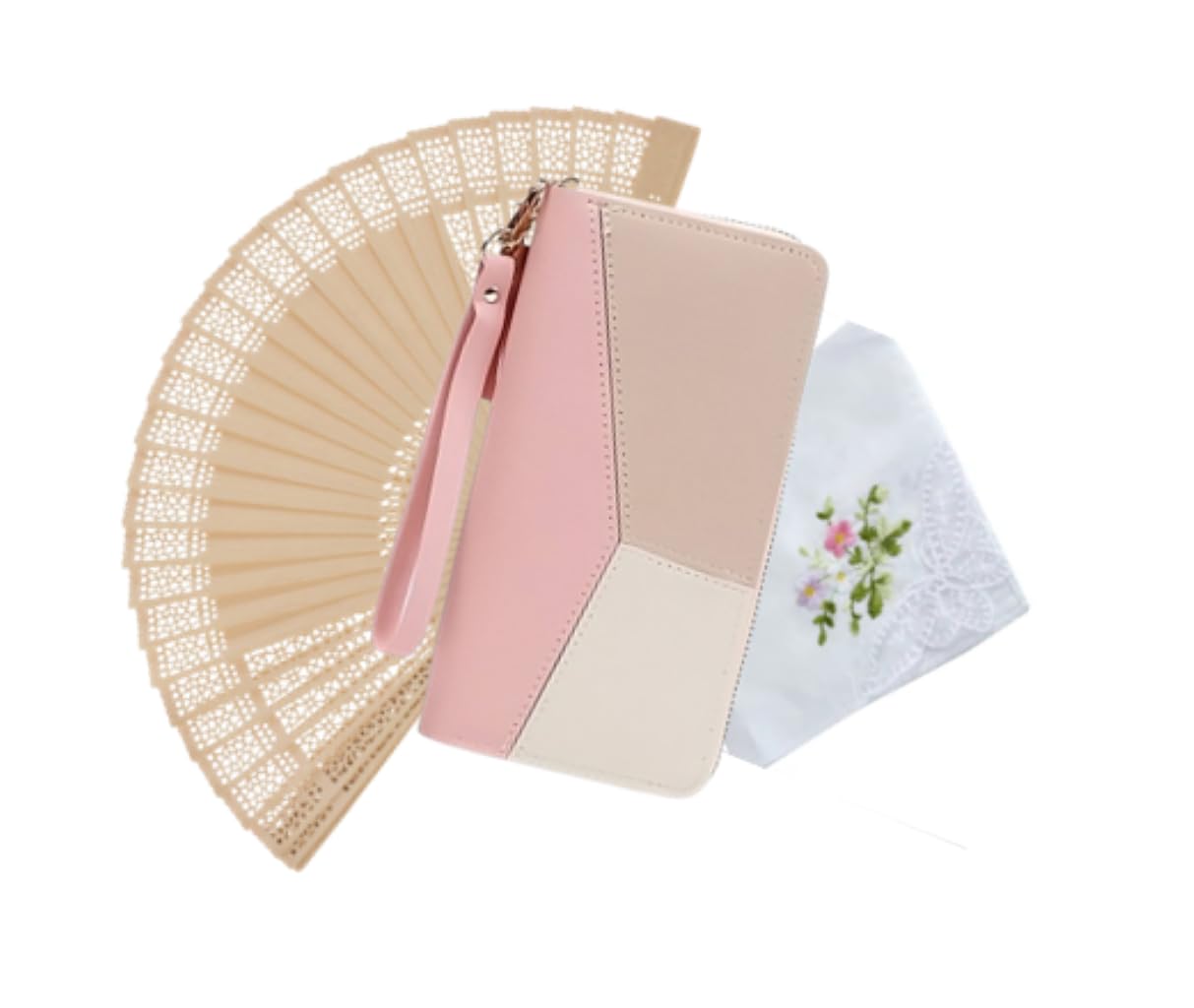 EmolyLife Regalo Original para Mujer- 3 pzas- Monedero de Mujer con Tarjetero, Pañuelo Floral de algodón y Abanico de Madera o Llavero de Elefante