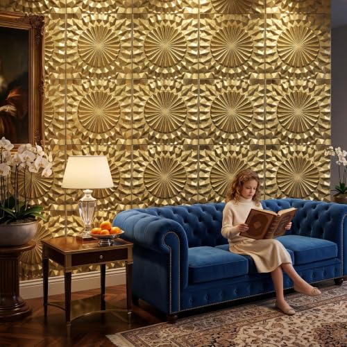 Image of Kayra Decor 3D PVC Wall Panels for Bedroom & Living Room | Mandala Design | Champagne Gold Color | 19.7 x 19.7 Inch | Pack of 12 | 32.28 Sq Ft