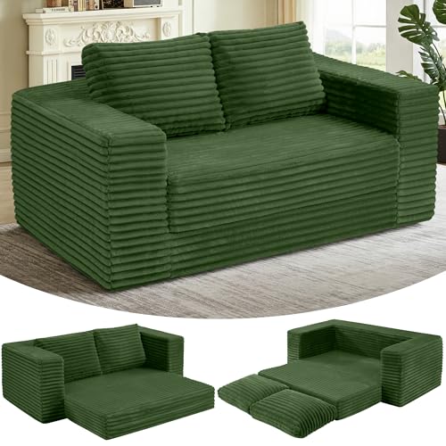 Image of HABUTWAY 62 inch Small Boneless Couch,3-in-1 Convertible Folding Sofa Bed, Corduroy Loveseat Sofa Bed w /2 Pillows for Living Room /Guest Room No Assembly Required, Green