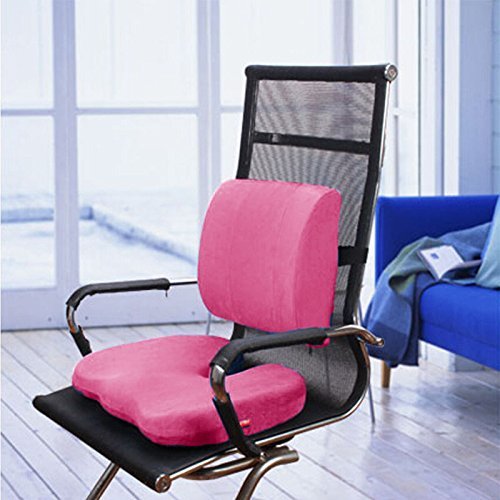 Bookishbunny 2pc Memory Foam Seat Chair Waist Lumbar Back Support Cushion Pillow Car Office Home (Hot Pink)