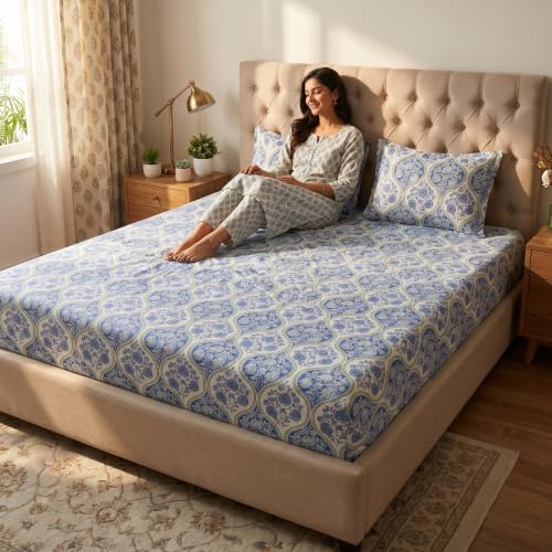 Image of Mafatlal 186 TC Grace King Size Cotton Bedsheet | 108 x 108 Inch | Lightweight & Breathable Bed Linen Set with 2 Pillow Covers | Baja Blue